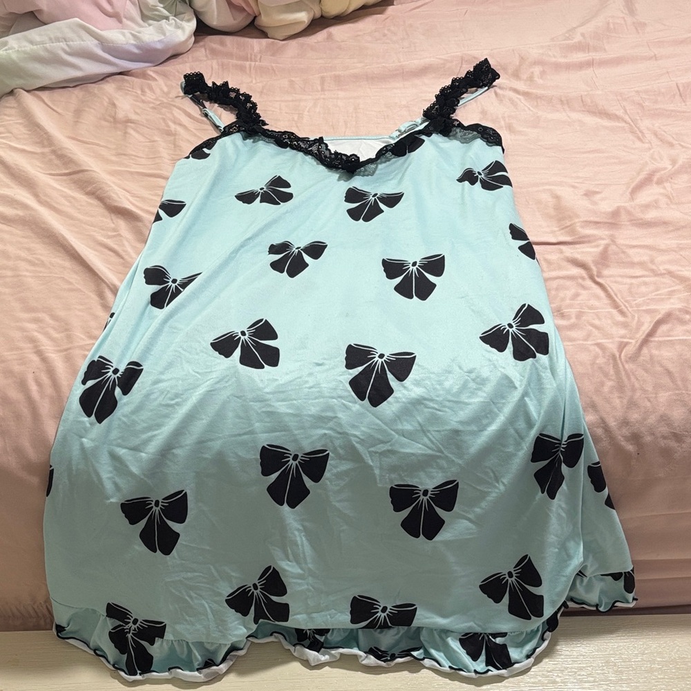 Light Blue Nightgown with Black Bow Print